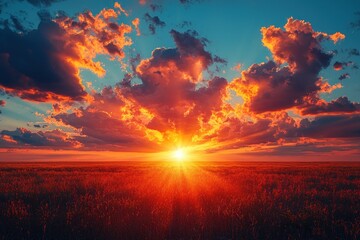 Aufkleber - Fiery Sunset Over a Field of Grass