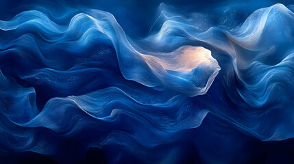 Poster - Abstract waves of blue fabric swirling gracefully, creating a dreamlike atmosphere.