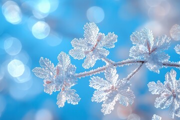Poster - Frosty Branch with Delicate Ice Crystals Against a Blurred Blue Sky