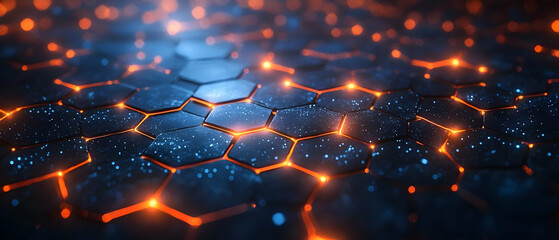 Wall Mural - Abstract graphic background featuring hexagon patterns illuminated with glowing orange lights on a dark surface.