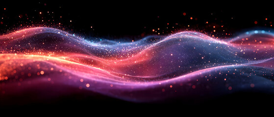 Poster - Colorful flowing waves with sparkles on a black background, creating a dynamic and vibrant visual effect.