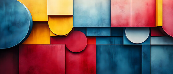 Poster - Colorful abstract geometric shapes overlapping on a textured background, creating a vibrant visual composition.