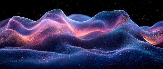Poster - Abstract representation of flowing waves with vibrant colors against a dark background.