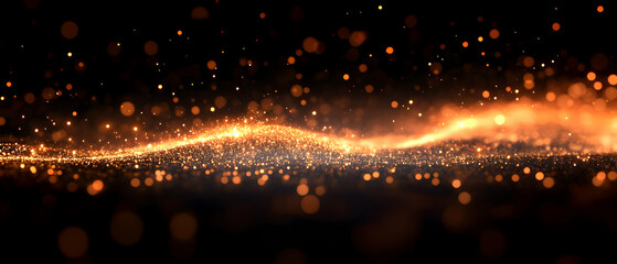 Poster - Abstract golden wave of light particles on a dark background, creating a magical and enchanting atmosphere.