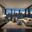 © Shavy - luxury city view living room with modern furniture and a large area rug at dusk