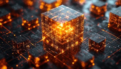 Aufkleber - Glowing Cube With Intricate Network Lines and Blurry Bokeh Lights