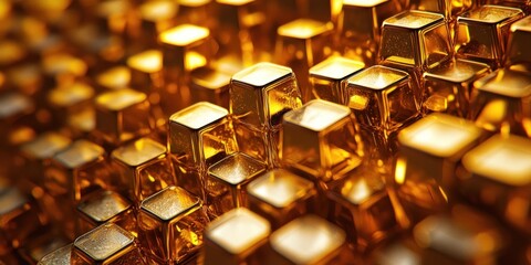 Poster - Close-up of a Golden Geometric Pattern Composed of Shiny Cubes