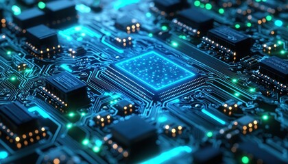 Aufkleber - Close-up of a glowing blue processor chip on a circuit board