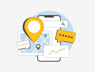 Wall Mural - Local SEO for small businesses, featuring maps with huge pins, star ratings and customer reviews to boost visibility. Local seo marketing attract nearby customers and enhancing local search rankings