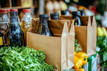 Fresh ingredients and bottles in eco-friendly bags at a market, showcasing sustainability and local produce.