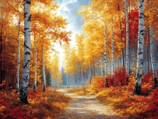 Poster - A Path Through a Vibrant Autumn Forest with White Birch Trees