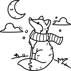 Wall Mural - a cute cartoon arctic fox wearing a scarf gazes at the crescent moon in this isolated vector line ar