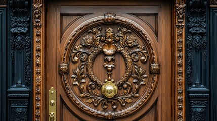 Luxury wooden door with golden handles and carved patterns, set on a white background.