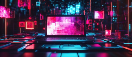 Poster - neon laptop in digital space