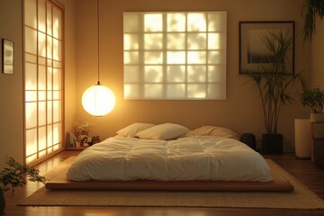 Aufkleber - Minimalist Japanese Futon Bedroom with Soft Lighting for Zen and Christmas Ambiance