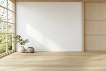 Poster - Minimalist Japanese Bedroom with Natural Light and Wooden Accents – Perfect for Zen and New Year Themes
