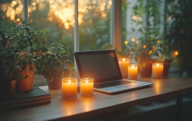Poster - Cozy Home Office with Candlelit Ambiance and Natural Light