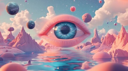 Surrealistic eye floating in a cosmic landscape, reflecting planets, stars, and galaxies, representing boundless imagination.