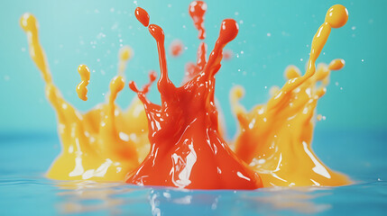 Poster - Vibrant splashes of red and yellow paint create an eye-catching contrast against a blue background, capturing motion and color fluidity.