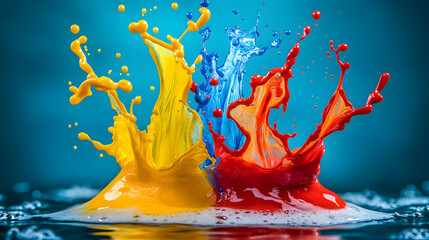 Aufkleber - A vibrant splash of yellow and red paint collides in water, creating an energetic visual contrast against a blue background.