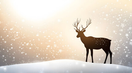 Poster - A majestic silhouette of a deer stands on snow, with snowflakes gently falling under a warm, glowing sunlight.