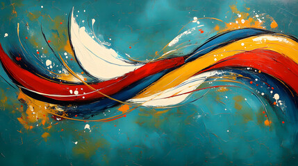 Aufkleber - A vibrant abstract artwork featuring flowing lines in red, blue, and yellow against a turquoise background, creating a dynamic visual experience.