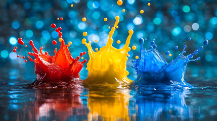 Poster - Vibrant splashes of red, yellow, and blue paint create a dynamic scene against a shimmering blue background, highlighting color movement and fluidity.