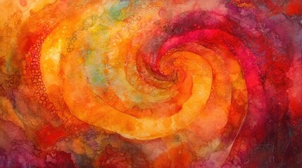 Fototapete - Vibrant watercolor background with bold reds, oranges, and yellows, blending in swirling, abstract patterns. The texture of the paper adds depth.