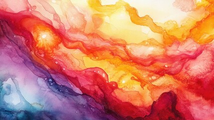 Fototapete - Vibrant watercolor background with bold reds, oranges, and yellows, blending in swirling, abstract patterns. The texture of the paper adds depth.
