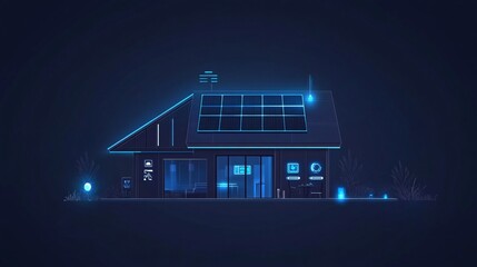 87.a clean, flat vector illustration of a compact smart home with modern features like solar panels 