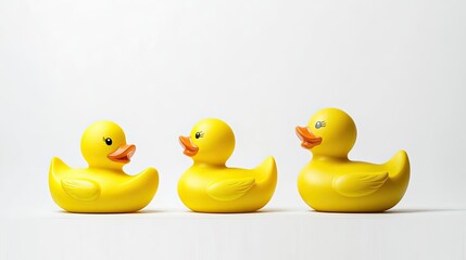 Poster - Three Cheerful Yellow Rubber Duck Toys Arranged Playfully on Display Generative AI