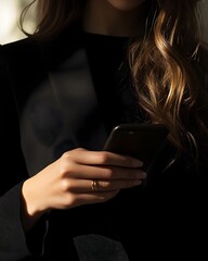 Elegant Businesswoman Using Sleek Smartphone with Cinematic Lighting