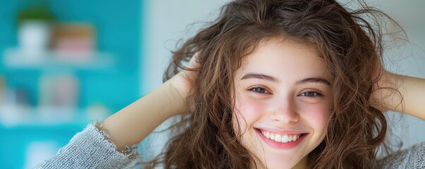 Intense happiness, close-up of genuine smile, glowing expression, high contrast lighting