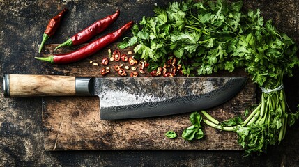 9.A top-down view of a large knife resting on a weathered wooden cutting board, encircled by fresh Thai herbs including galangal, coriander, and chili peppers. The contrast between the sleek metal of