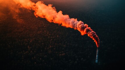 A large plume of red smoke rises from a tall chimney against a dark forest background.