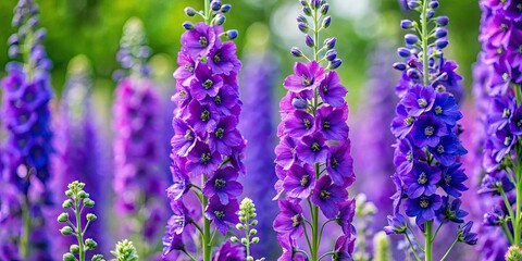 Wall Mural - Vibrant purple delphinium stalks in full bloom, flowers, garden, nature, botanical, colorful, petals, vibrant, spring, blossoms