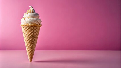 Wall Mural - Cone of vanilla ice cream on a pink background, cone, ice cream, dessert, sweet, delicious, treat, summer, cold