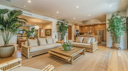 living room with sustainable bamboo furniture, large potted plants, and neutral tones, creating a se