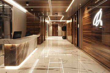 Poster - Modern hallway with marble flooring, wood-paneled walls, and sleek lighting, adding a touch of luxury to the space. interior 