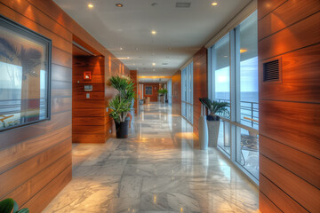 Poster - Modern hallway with marble flooring, wood-paneled walls, and sleek lighting, adding a touch of luxury to the space. interior 