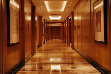 Poster - Modern hallway with marble flooring, wood-paneled walls, and sleek lighting, adding a touch of luxury to the space. interior 