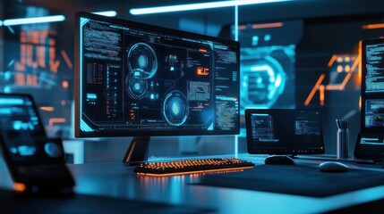 Fototapete - Cybersecurity Workstation with Futuristic Interface