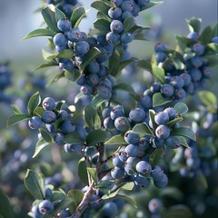 Wall Mural - Blueberry fruit tree with ripe and green leaves in sunlight.