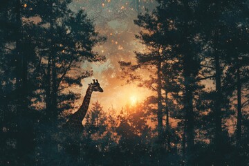 Wall Mural - A Silhouette of a Giraffe in a Forest at Sunset