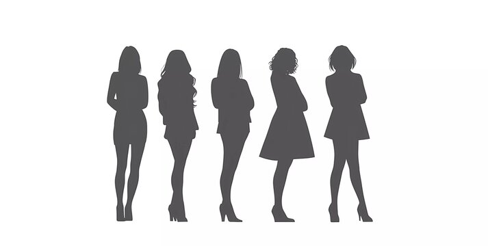 Flat vector illustration of five women standing next to each other, white background, monochrome