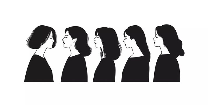 Flat vector illustration of five women standing next to each other, white background, monochrome