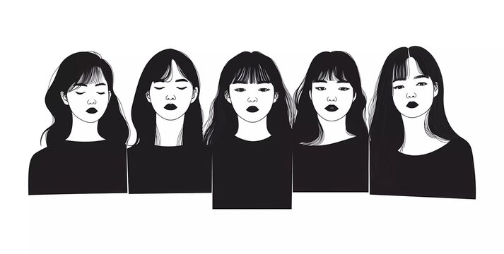Vector illustration of five women, in a monochrome vector style, using simple shapes and a flat, minimalistic design on a white background.