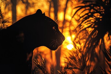 Wall Mural - Silhouette of a Black Panther Against a Sunset Background