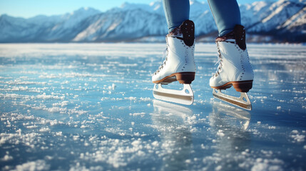 Wall Mural - Ice skating. Close-Up of Ice Skates on Frozen Lake with Snowy Mountains in Background – Winter Ice Skating Adventure, Generative AI Image