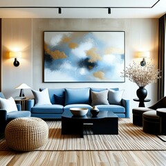 Modern living room, blue velvet sofa, large abstract floral painting, wall sconces, knit pouf ottoman, striped area rug, minimalist decor, white walls, natural light, cozy interior design, contemporar